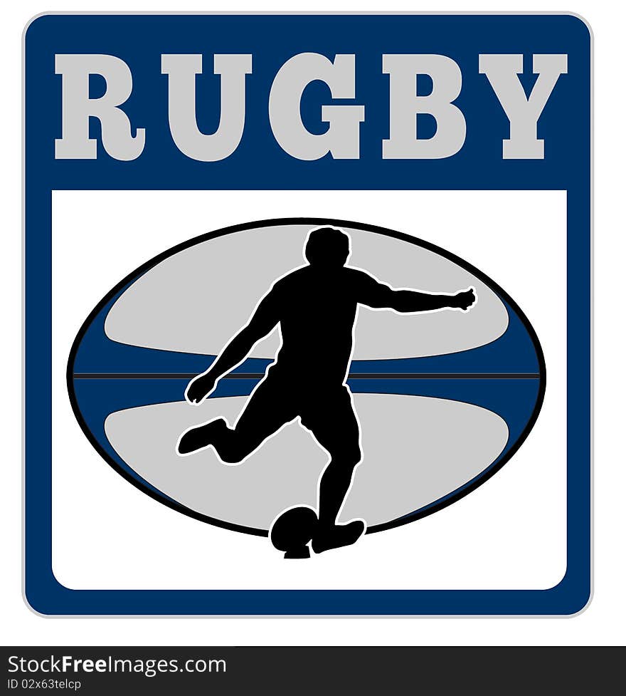 Illustration of a rugby player kicking ball with ball in background with words rugby set inside a square