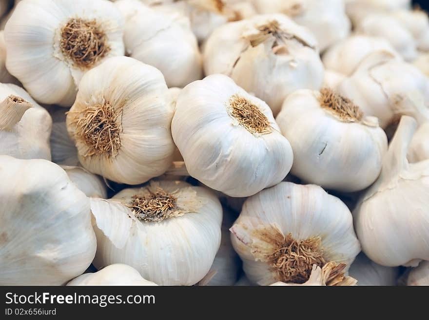 Close up of garlic on market stand