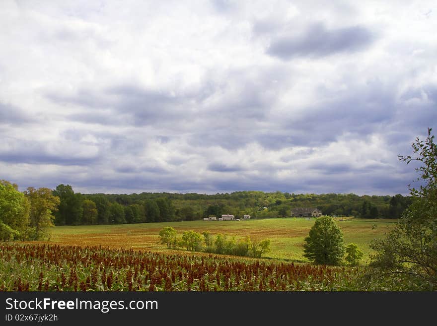 Bucolic country farm and home on hillside surrounded by trees and under a big sky with fields in foreground. Bucolic country farm and home on hillside surrounded by trees and under a big sky with fields in foreground