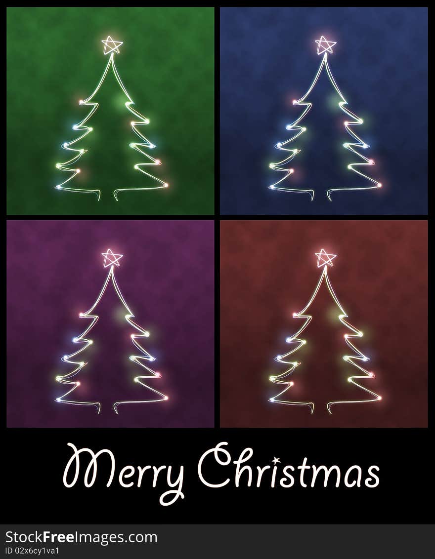 Abstract christmas trees made from light trails on green, blue, purple and red backgrounds with the text merry christmas beneath