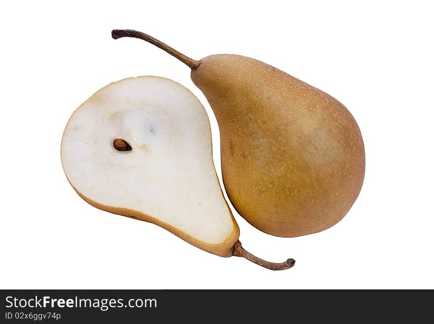 The Flavovirent pear is cut half-and-half on a white background. The Flavovirent pear is cut half-and-half on a white background.