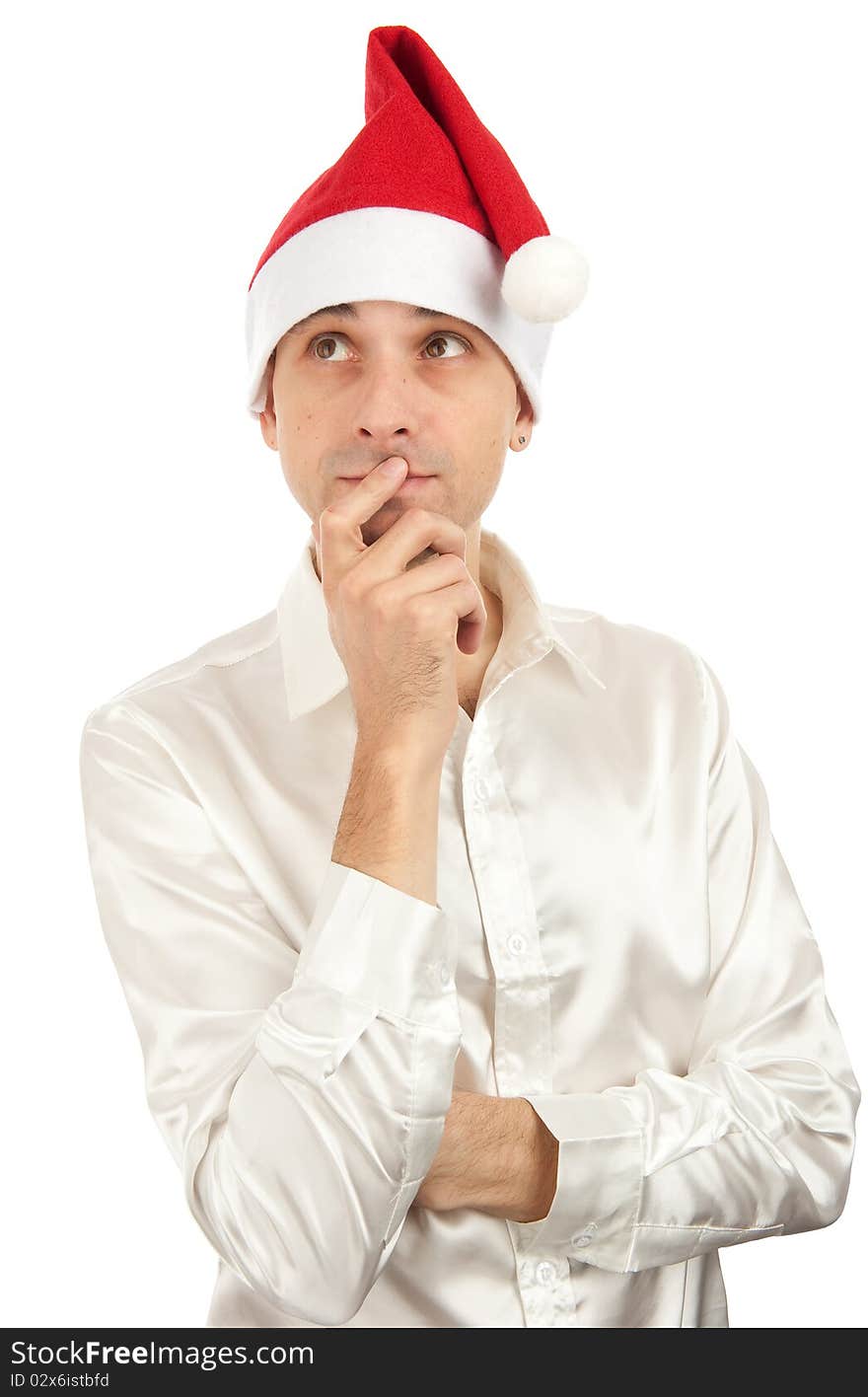 Man wearing a Santa Claus hat isolated on white