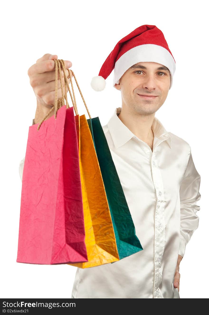 Young men in christmas red hat