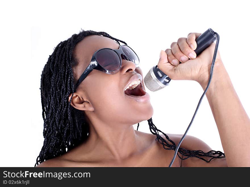 Young singer afro-american woman isolated on white