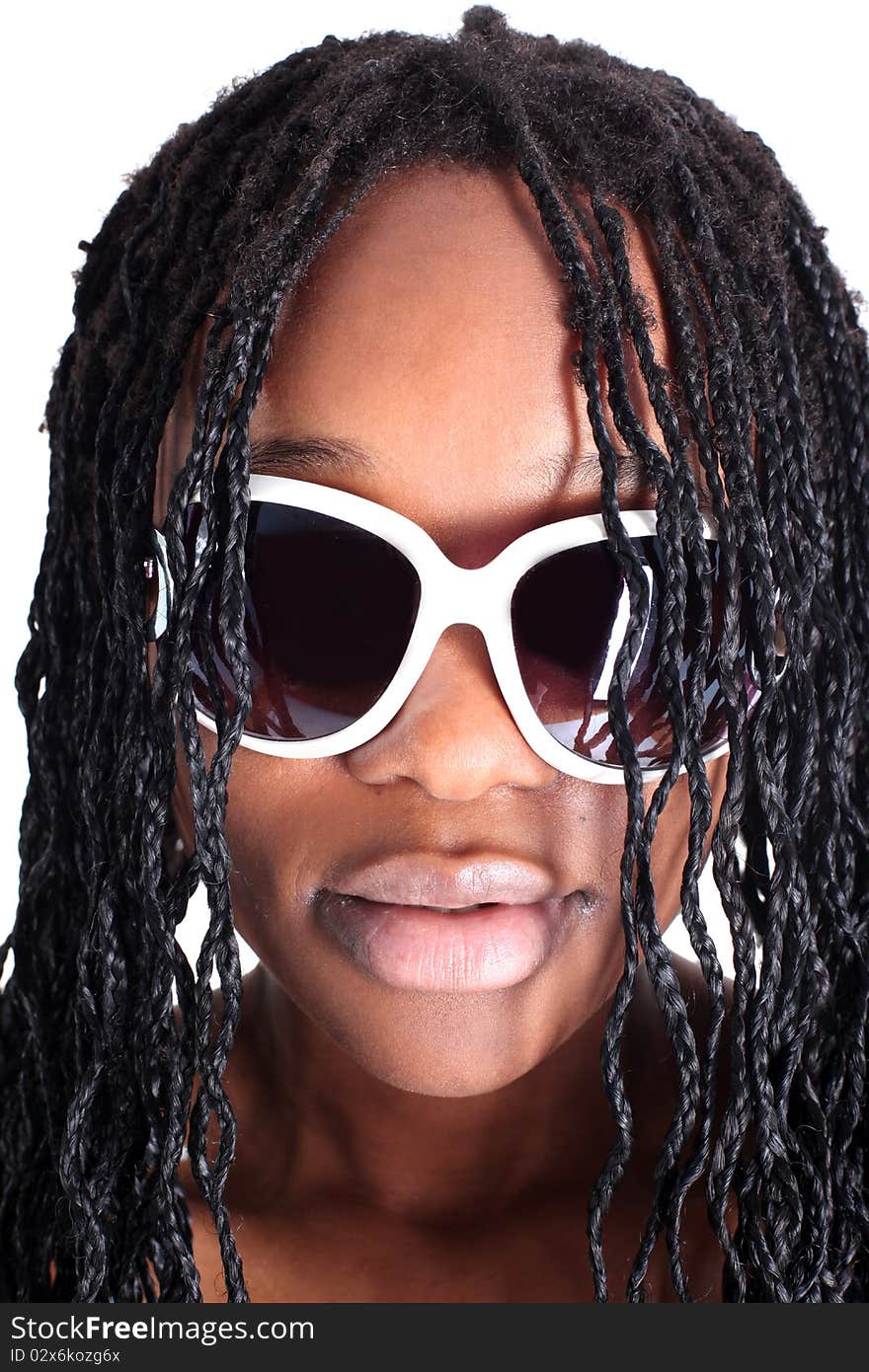 Young afro-american woman in glasses isolated on white