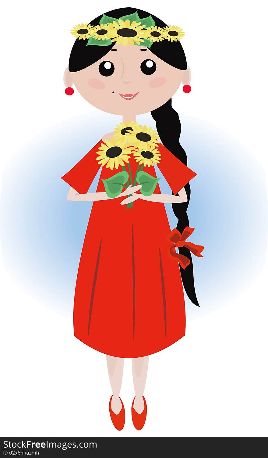 Girl brunette in the red dress with sunflowers. Girl brunette in the red dress with sunflowers