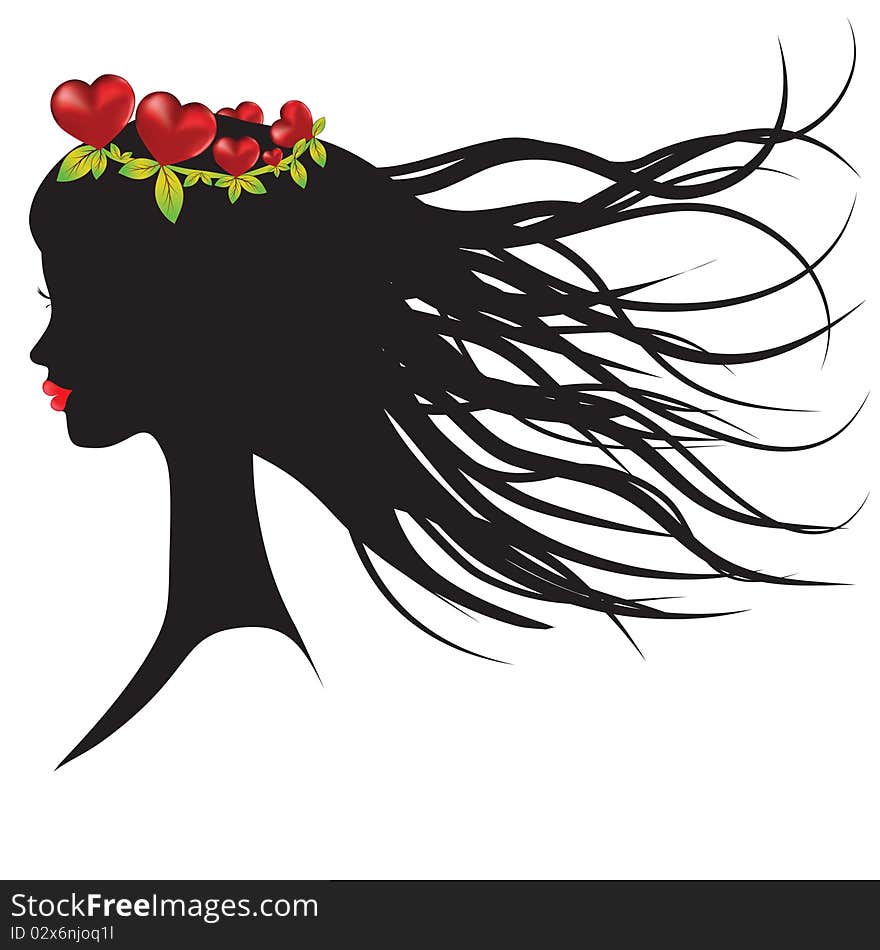 Vector illustration of silhouette of young woman thinking about love