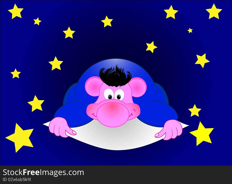 Troll flies on a sheet of paper against the starry sky. Vector Image