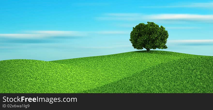 Alone tree on hill - 3d render illustration. Alone tree on hill - 3d render illustration