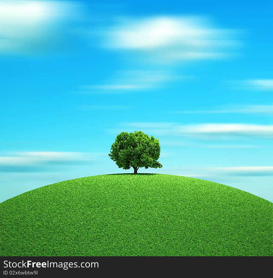 Alone tree on hill - 3d render illustration. Alone tree on hill - 3d render illustration