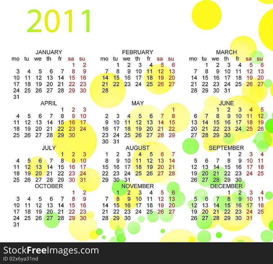 This is a calendar for 2011 on a white background. Starts sunday Helvetica font used. Colors can be changed in additional format. This is a calendar for 2011 on a white background. Starts sunday Helvetica font used. Colors can be changed in additional format.