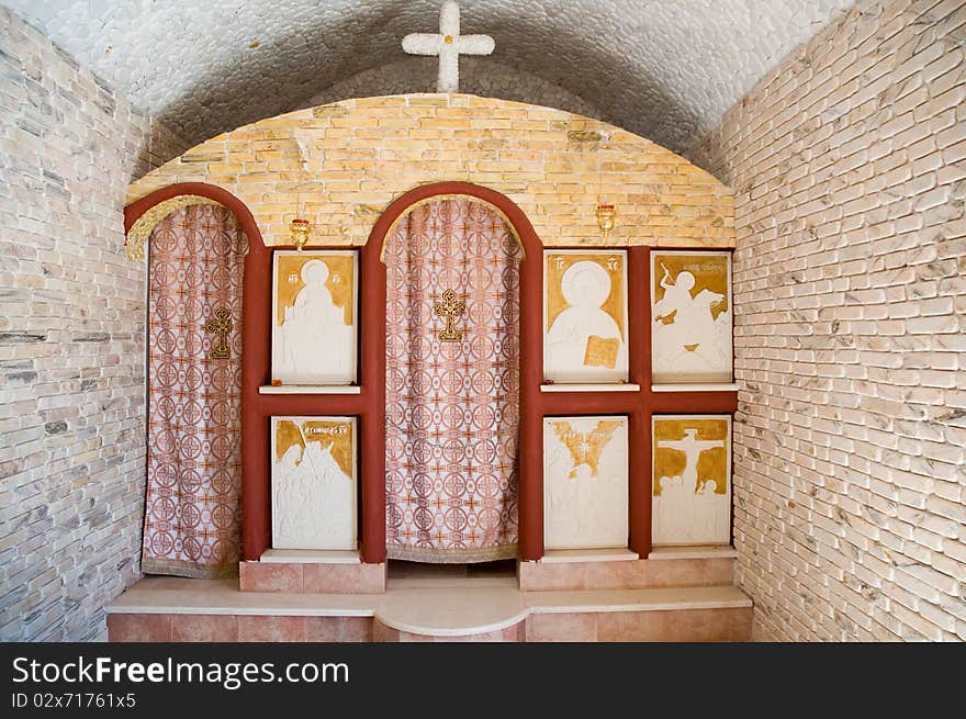 Inside of a little Greek chapel . Inside of a little Greek chapel .