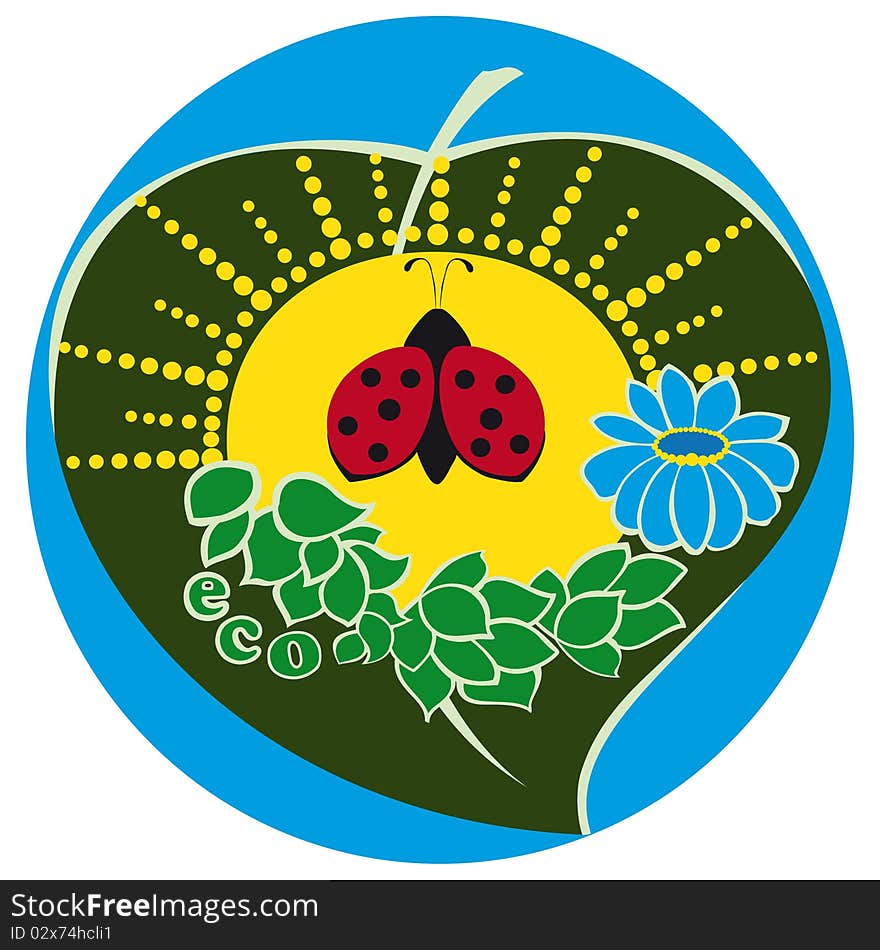 Eco logo with sun, flower and ladybug