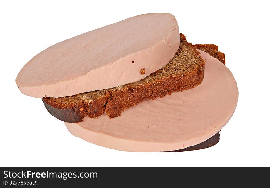 Doctor's sausage and the Borodino rye bread on a white background. Doctor's sausage and the Borodino rye bread on a white background