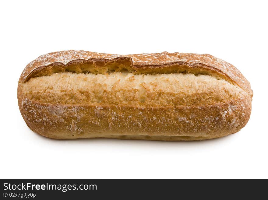 A loaf of fresh baked baguette bread isolated on white.