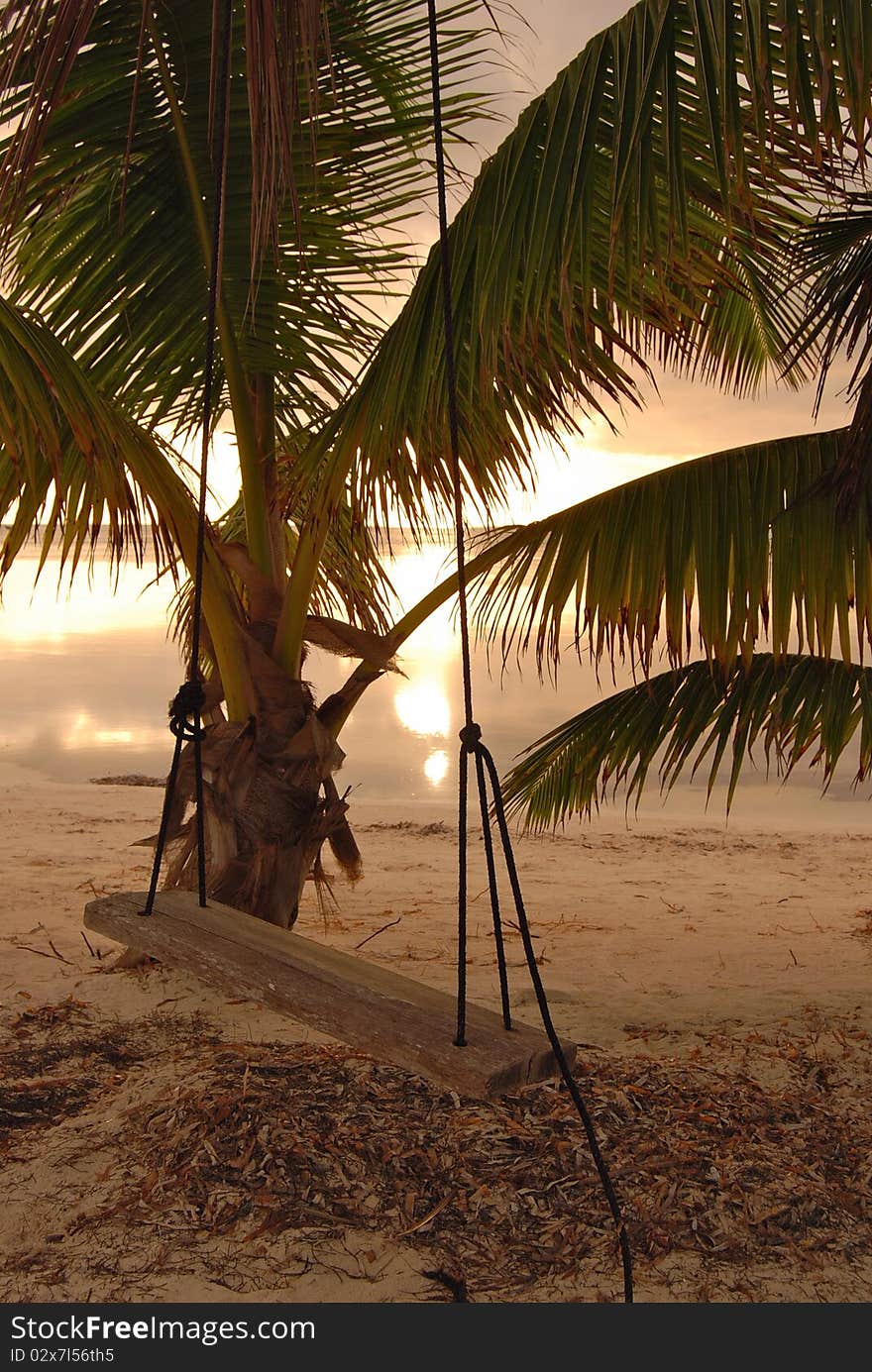 Swing at sunrise on coast of Belize