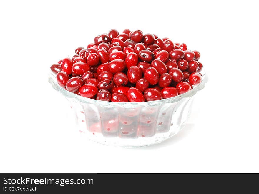 Dogwood berries on a plate on a white background, red berries, dishes, still life, full plate, rich color.