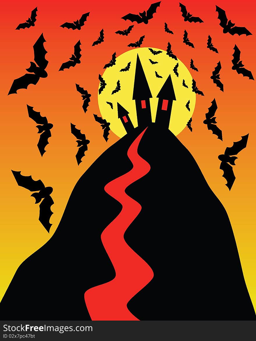 Halloween illustration with sunset, bats, hill, houses