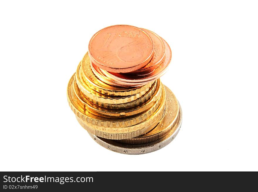 Stack of euro coins on white background