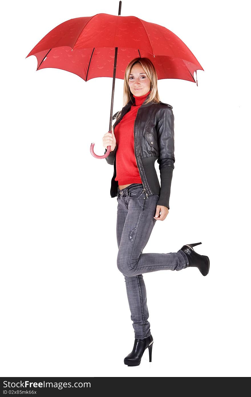 Happy smiling woman under her red umbrella. Happy smiling woman under her red umbrella