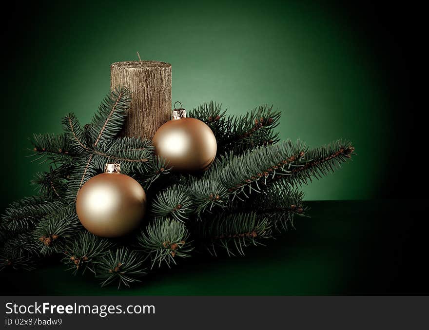 Christmas baubles with curly ribbon. Christmas baubles with curly ribbon