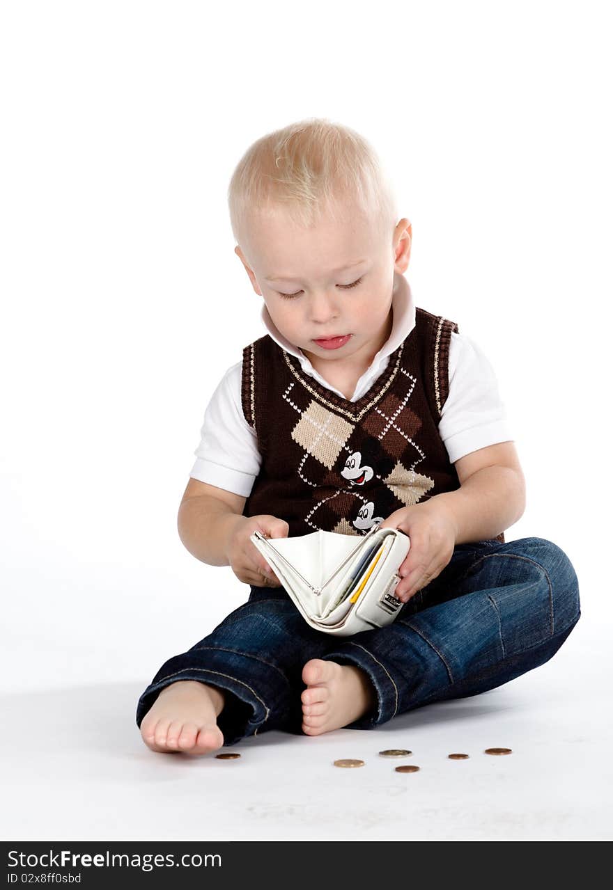 Beautiful baby with a wallet, isolated on white background