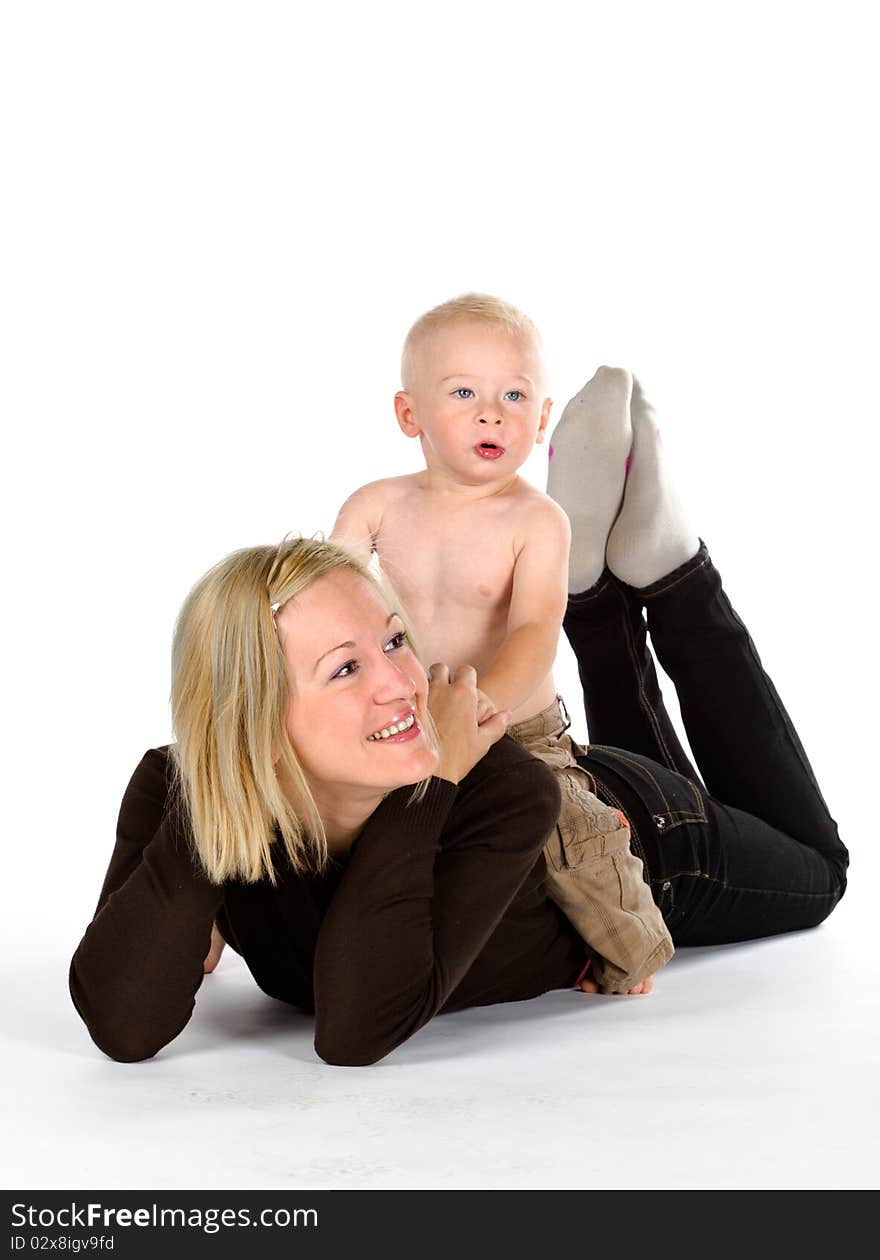 Mother and beautiful child, isolated on white background