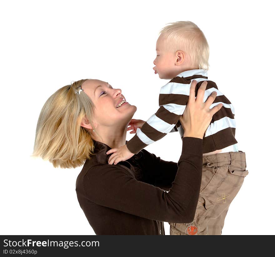 Mother and beautiful child, isolated on white background