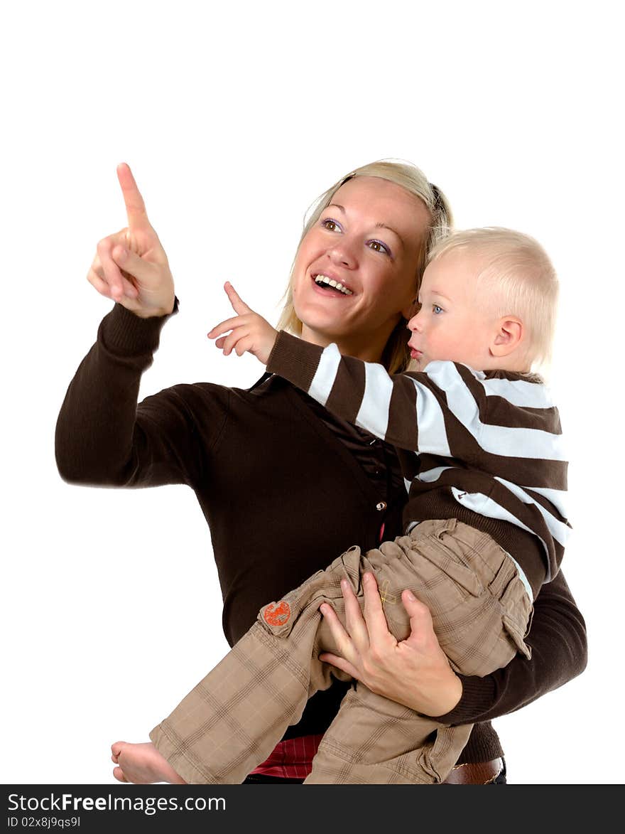 Mother and beautiful child, isolated on white background