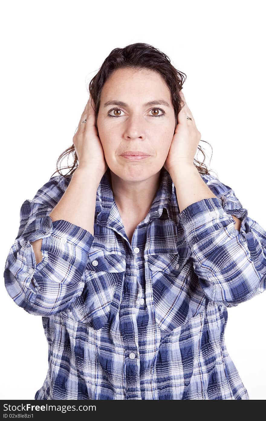 Woman expression blue hands ears