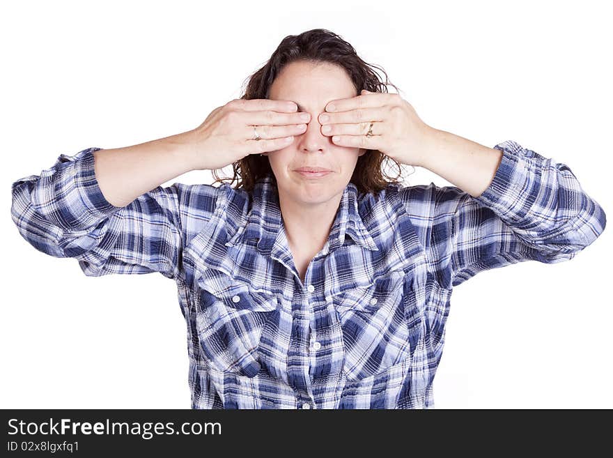 Woman expression blue hands eyes