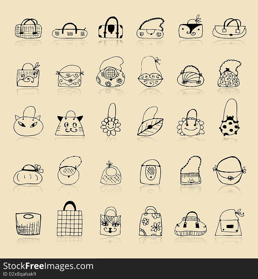 Collection of bags, sketch drawing for your design, illustration