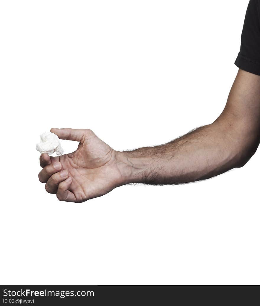 Hand holding a ball of wrinkled white paper on a white set. Hand holding a ball of wrinkled white paper on a white set