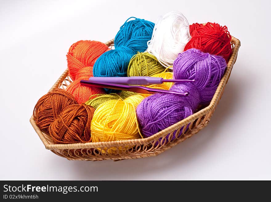 Basket with thread and balls for knitting as a background