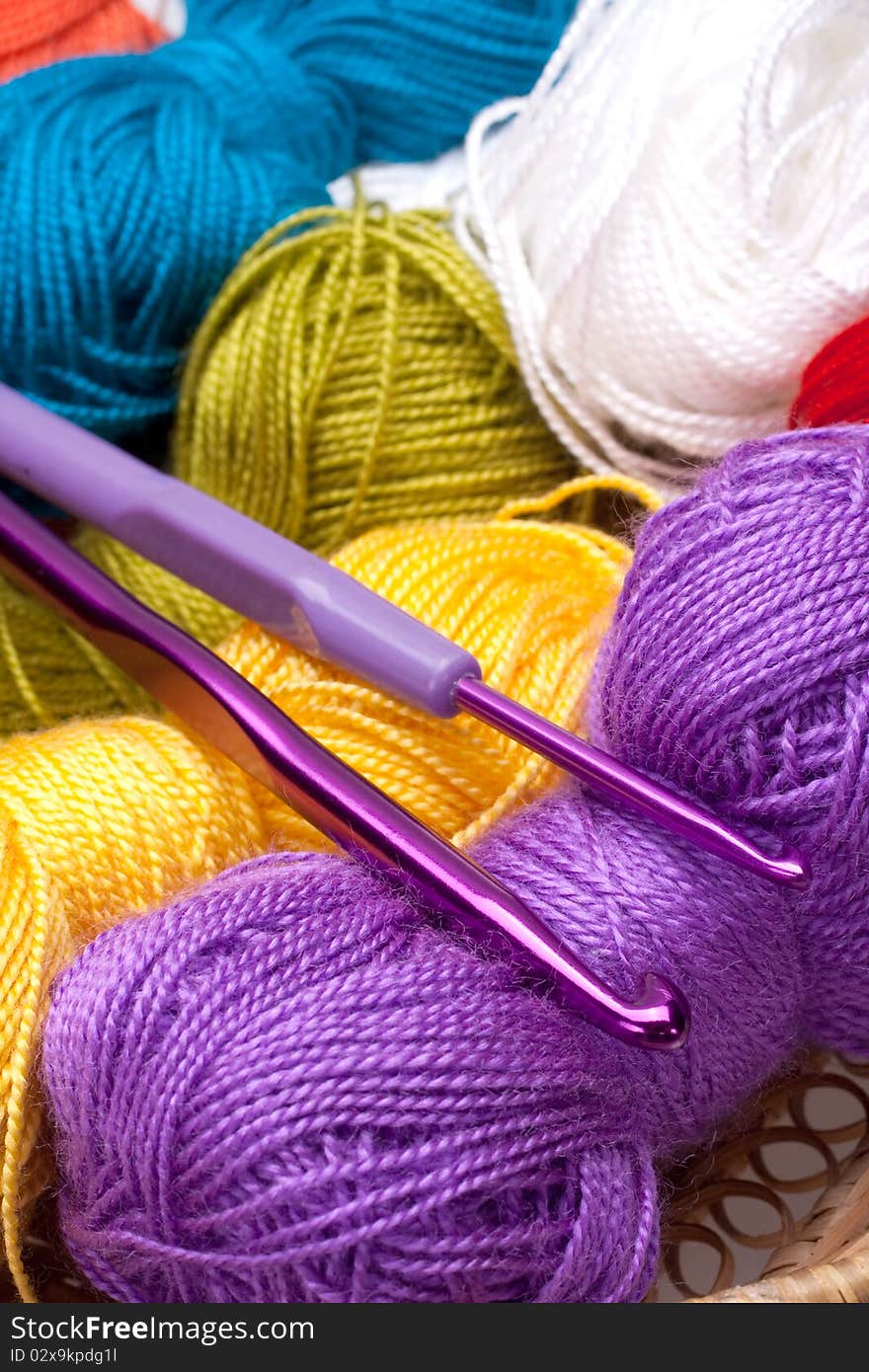 Basket with thread and balls for knitting as a background