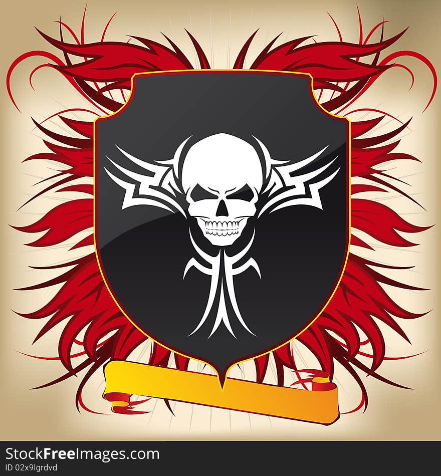 Shields and banner with skull and tribal design. Shields and banner with skull and tribal design