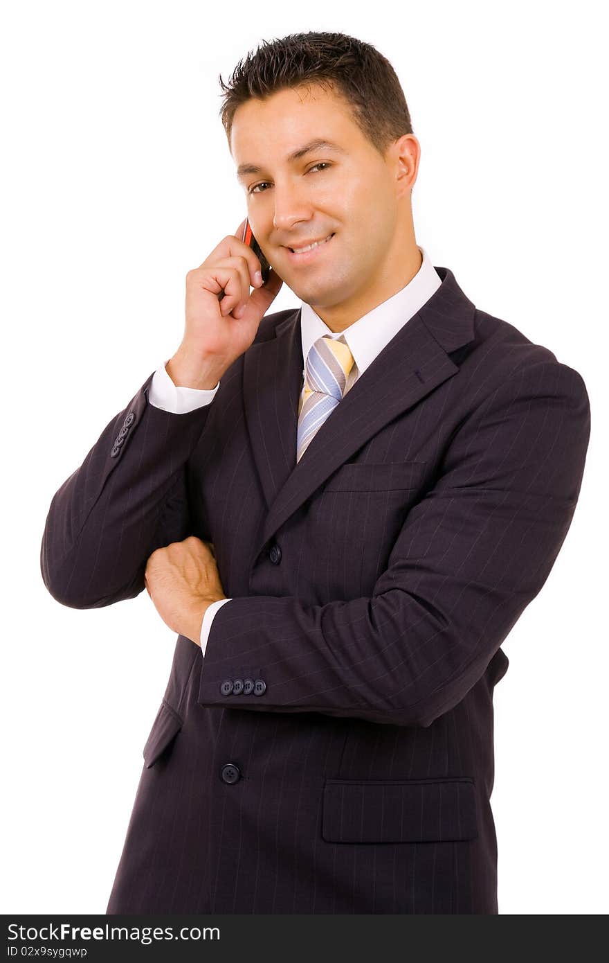 Happy young businessman on the phone, isolated on white