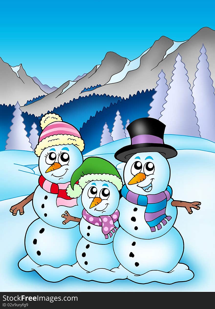 Winter theme with snowman family