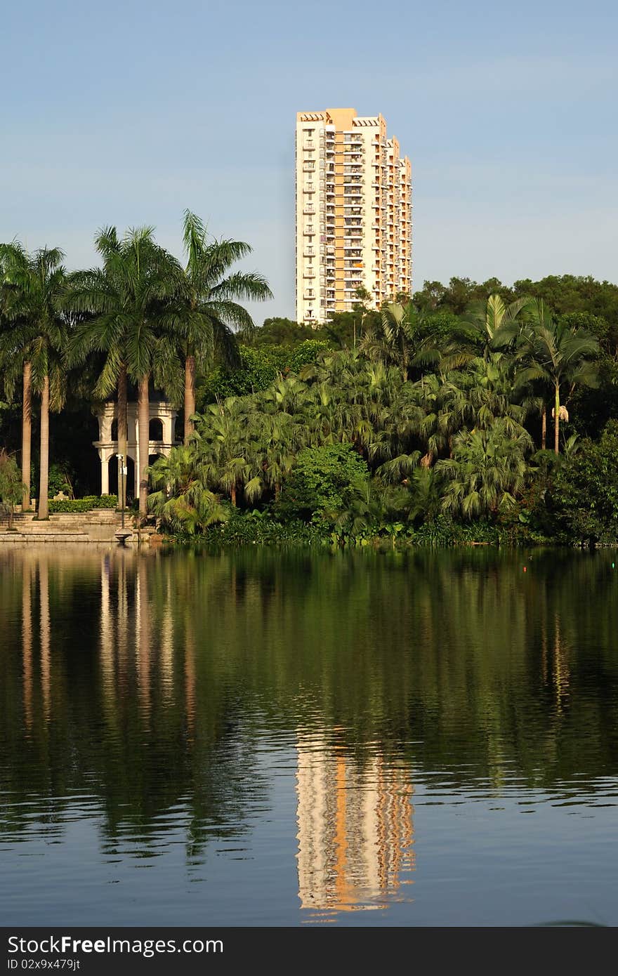 A tall building standing besides a lake,which belongs to Shenzhen Guangdong China. Between the building and lake there are forests and tower. A tall building standing besides a lake,which belongs to Shenzhen Guangdong China. Between the building and lake there are forests and tower