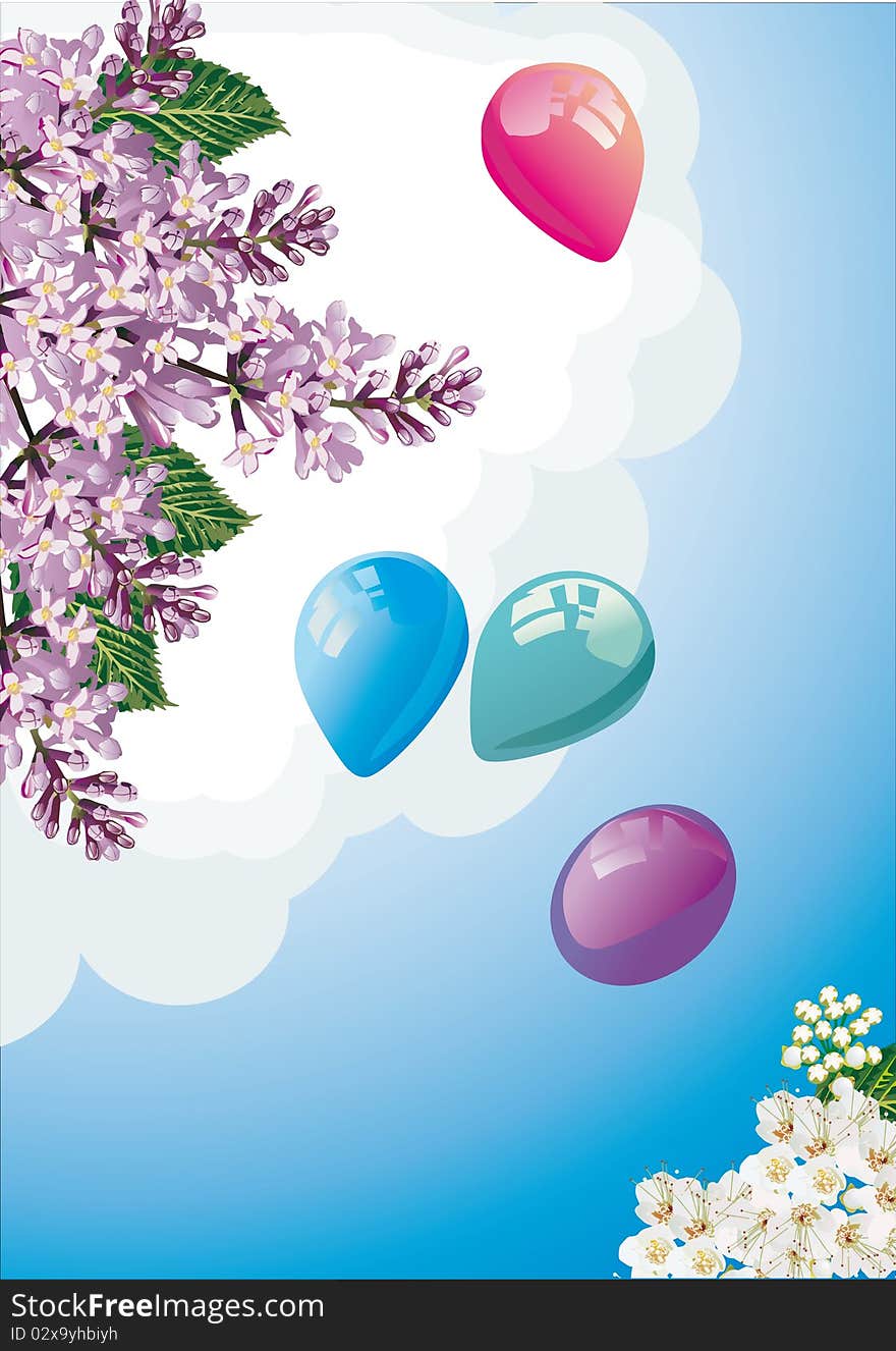 Illustration with balloons and lilac floral branch