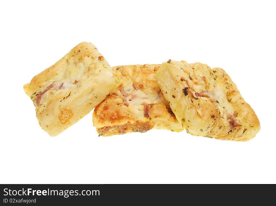 Three pieces of foccacia bread isolated on white. Three pieces of foccacia bread isolated on white