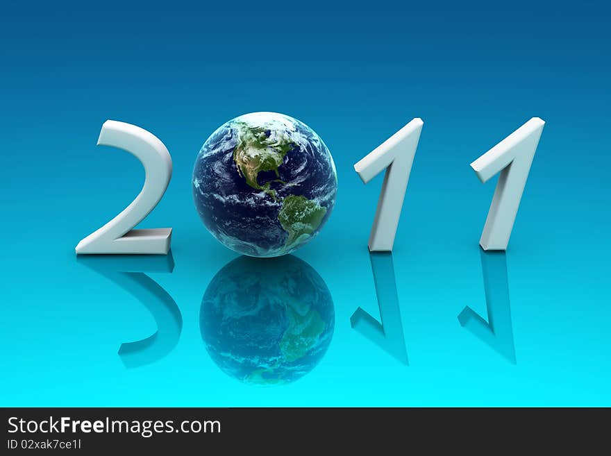 3d render illustration with earth and number 2011 on blue. 3d render illustration with earth and number 2011 on blue