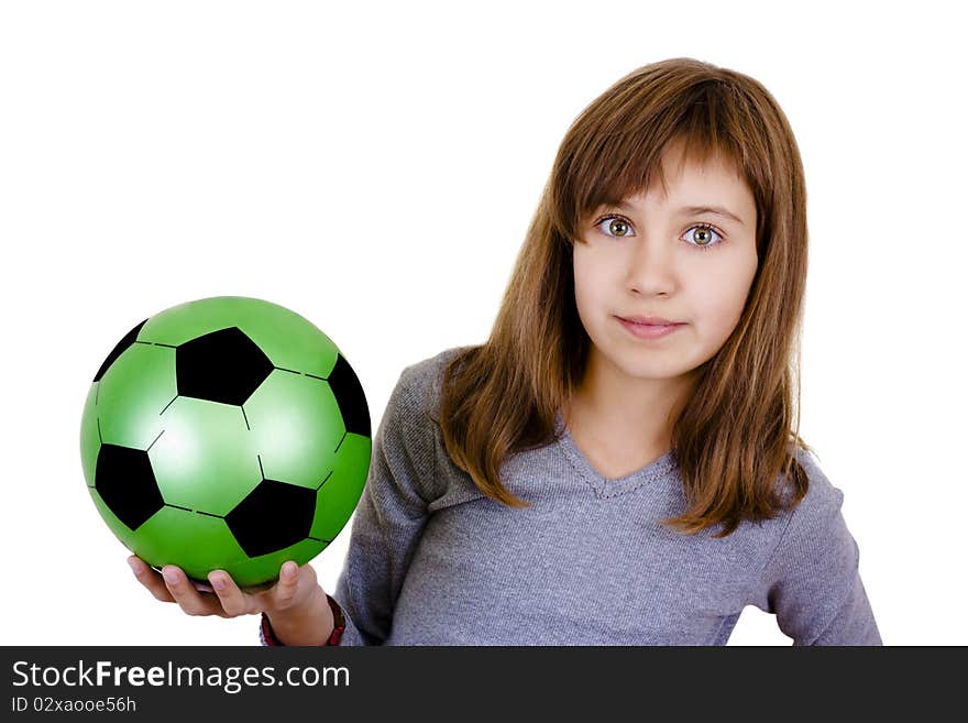 A little girl with the green ball in hand on white background. A little girl with the green ball in hand on white background