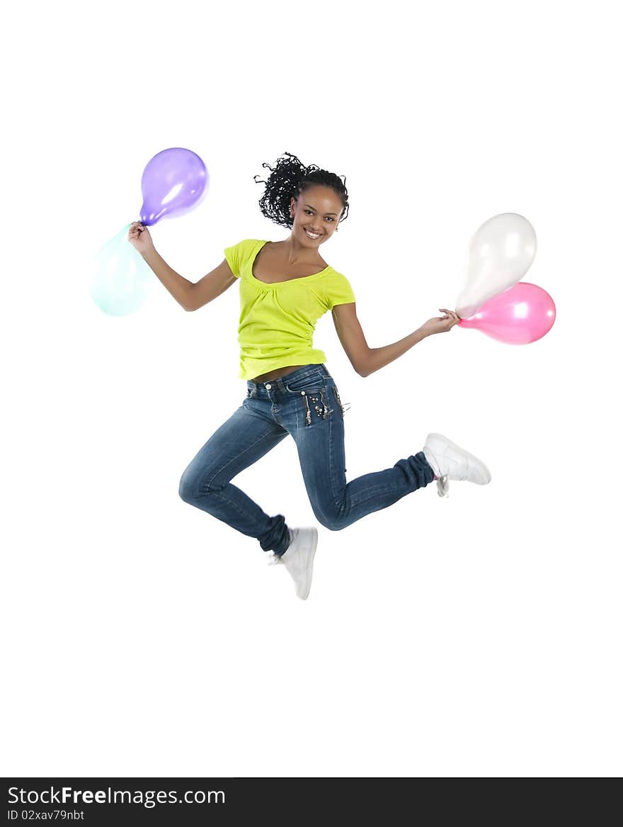 Beautiful african girl jump isolated on white background. Beautiful african girl jump isolated on white background