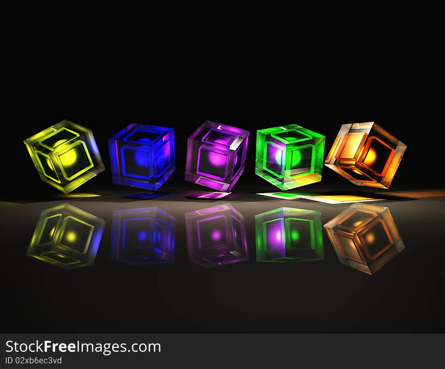 Rendered glass cube on black background