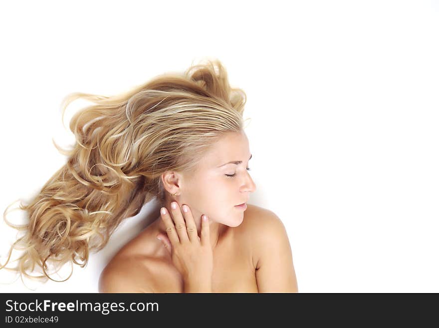 Beautiful blonde female close up studio shot. Beautiful blonde female close up studio shot