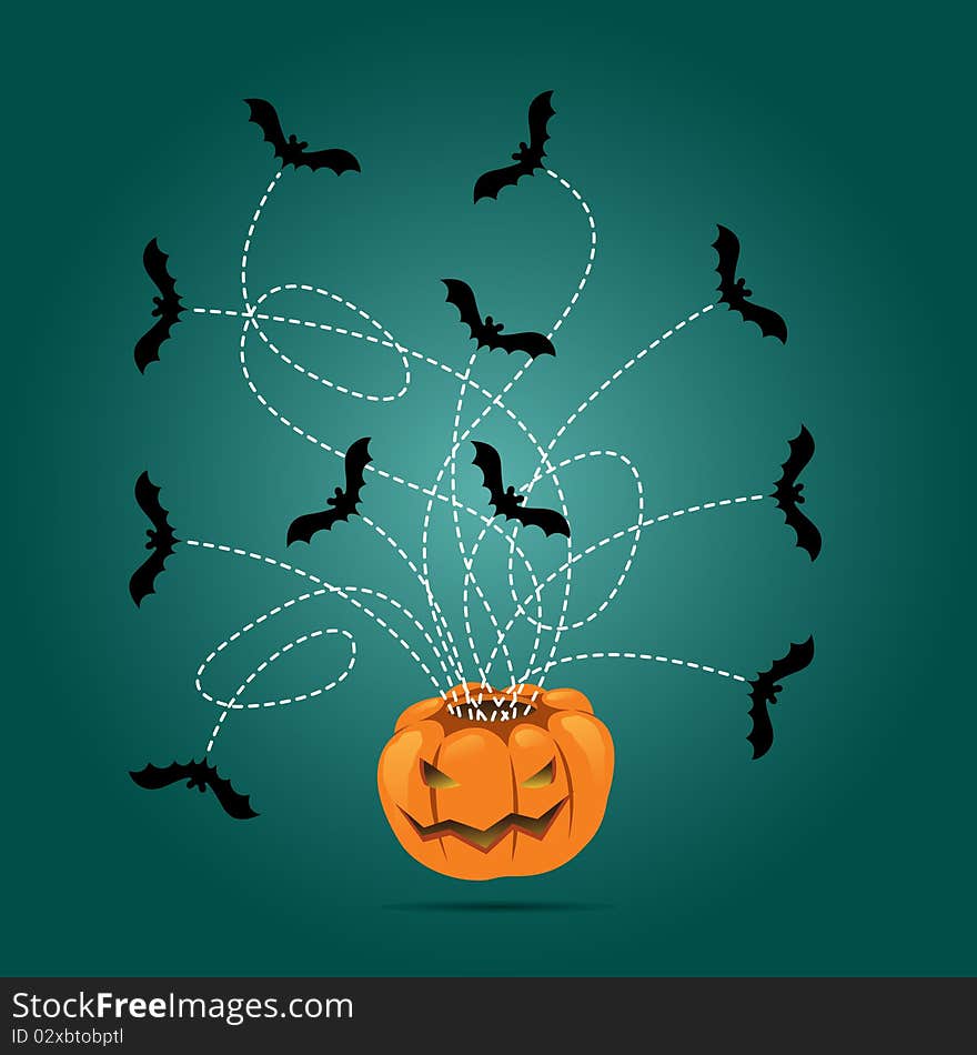 This is an illustration of a carved pumpkin hovering over a blue green background and black bats flying out of its top. This is an illustration of a carved pumpkin hovering over a blue green background and black bats flying out of its top.