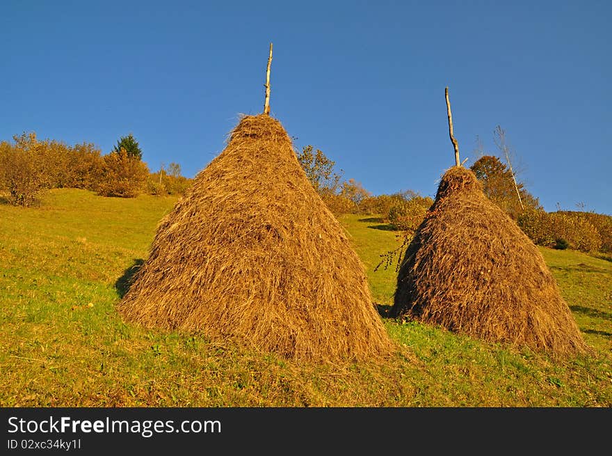 Haystacks on a hillside.