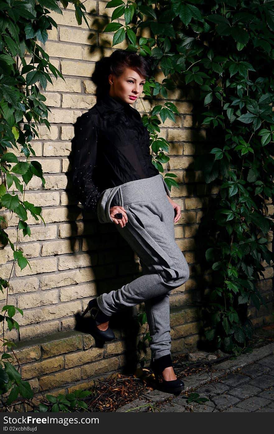 Young and attractive lady beside with brick wall, overgrown of vine leaves. Young and attractive lady beside with brick wall, overgrown of vine leaves