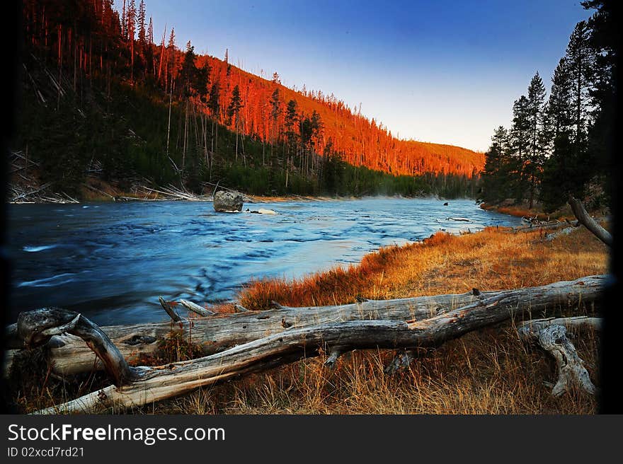 Sunrise in the morning at yellowstone .full colour morning